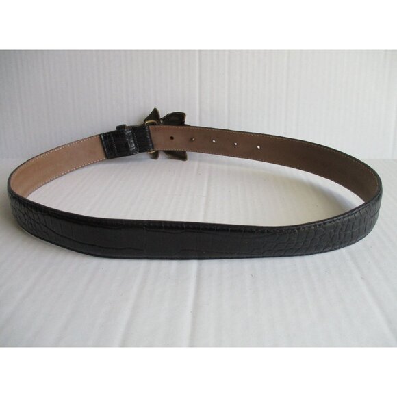 *Talbots Black Leather Croc Belt Patent Embossed Leaf Punch Buckle - Picture 4 of 7